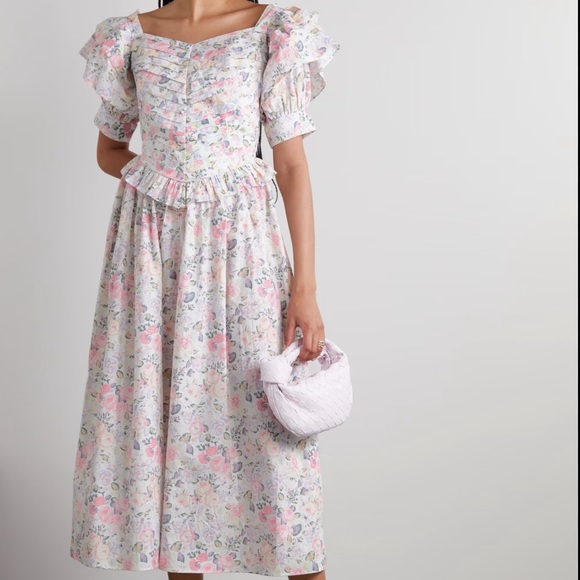 Batsheva Dresses & Skirts - White Floral Puff Sleeves Ruffled Cotton-poplin Midi Dress p